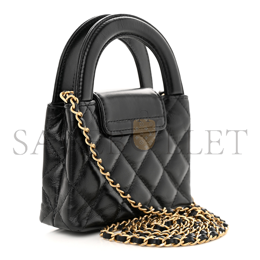 Ch*el shiny calfskin quilted mini nano kelly shopper black (12.5*8.3*4cm)